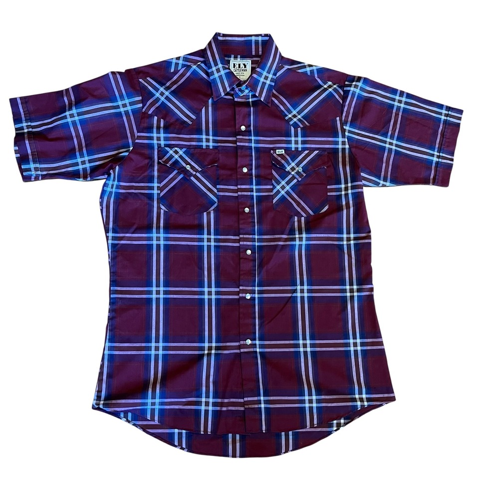 Ely Cattleman Mens Burgundy Plaid Short Sleeve Western Pearl Snap Shirt Medium